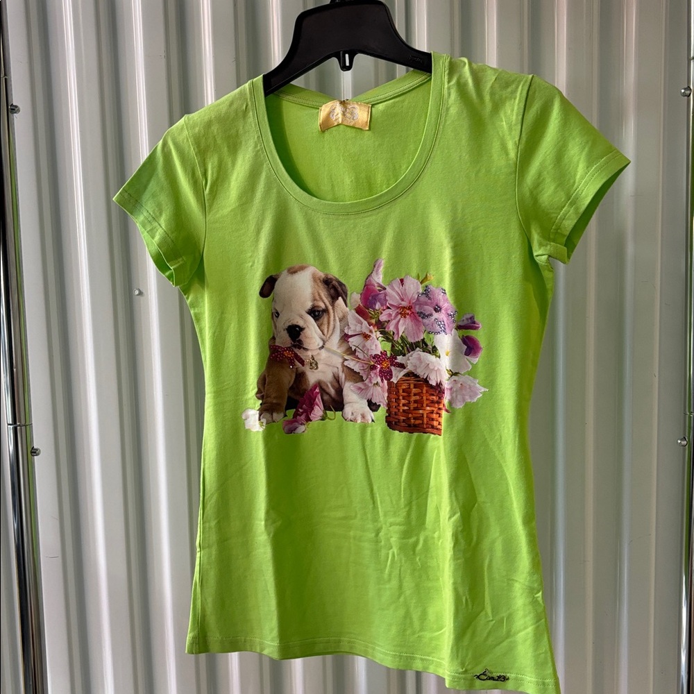Swarovski Lime Green Blouse with Puppy and Floral Design